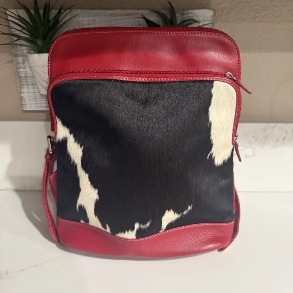 ili New York Red Leather Calf Hair Backpack - Picture 2 of 8
